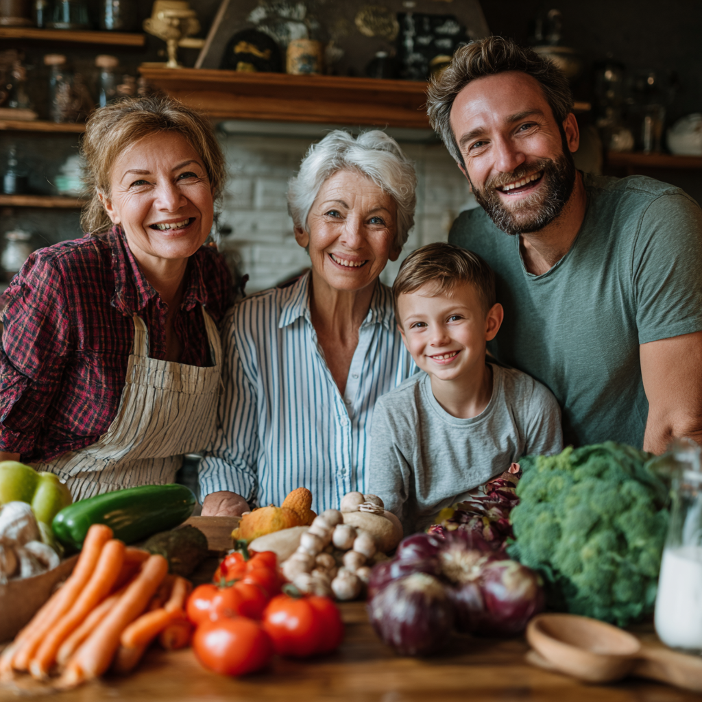 Boldog magyar család közös főzés közben a konyhában, egészséges alapanyagokkal az asztalon
